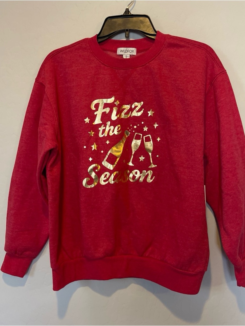 Wildfox "Fizz the Season" crewneck Red Fleece sweatshirt Size S festive Holiday